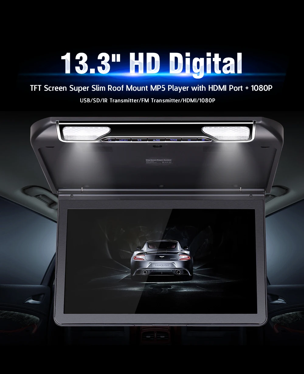 13,3 дюймовый потолочный телевизионный для автомобиля HD 1080P TFT широкий цифровой автомобильный экран Автомобильный dvd-плеер с USB/SD/HDMI/IR/FM передатчик MP5 плеер