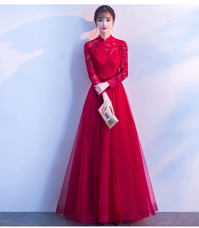 Зимнее женское красное платье с длинным рукавом Cheongsam винтажное свадебное
