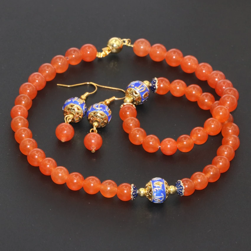 Оригинальный Fine Jewelry комплект 8 мм Orange круглые бусины нефрит камнем халцедон