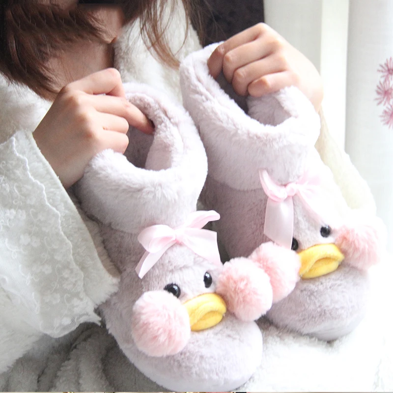 Пушистые тапочки на плоской подошве с милым рисунком утки женские для девочек