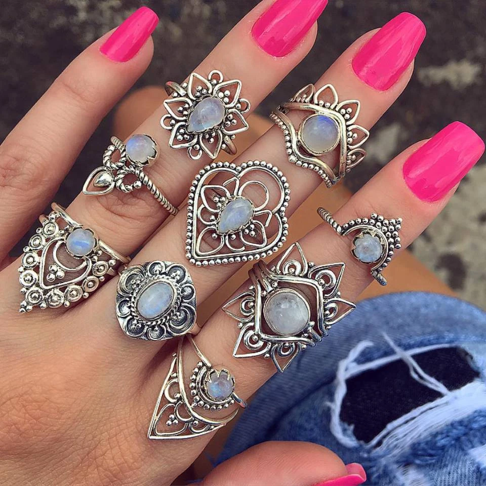

Jewdy Fashion hyperbole Crystal Flower carving Silver Color Rings Set Hollow Out Vintage Finger Ring Set Women Jewelry 9 Pcs