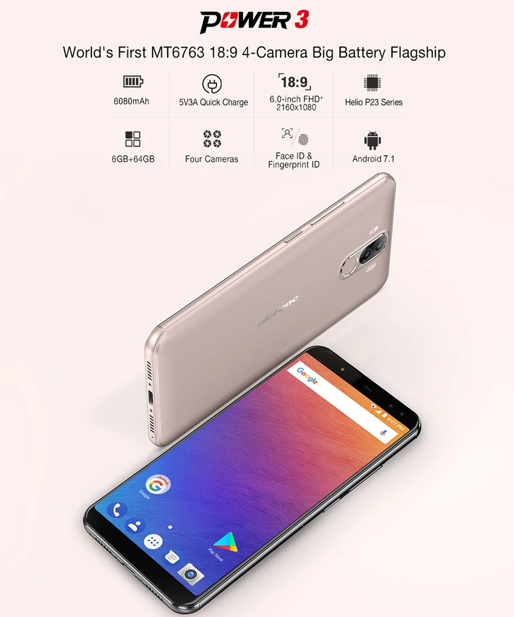 Ulefone power 3 Face ID 18:9 &quot6 0 дисплей 6 ГБ оперативная память 6080 мАч мобильный телефон MTK6763