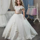 Белые кружевные платья цвета слоновой кости с цветочным узором для девочек; платье с аппликацией в пол; платье для первого причастия для девочек; платье принцессы