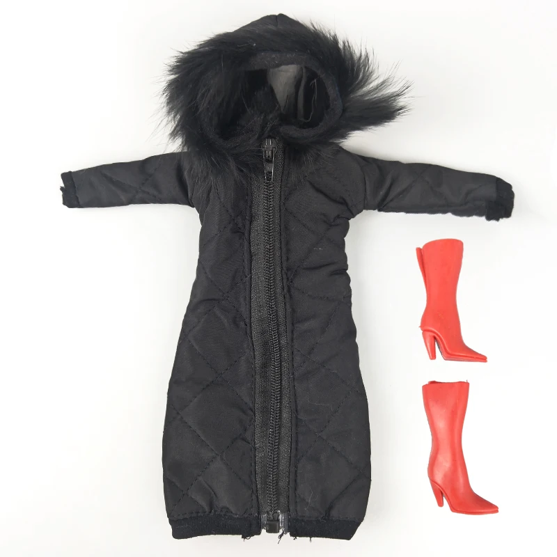 coat and shoes2 Black Winter Wear Long Coat for Barbie Doll Outfits Clothes Dress Parka For 1/6 BJD Doll Jacket 1:6 Dolls Accessories Kids Toy - Цвет: coat and shoes2