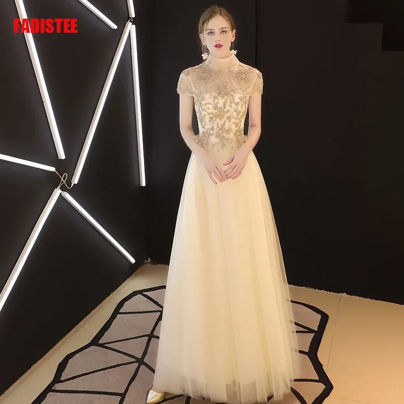 

Женское вечернее платье с бисером FADISTEE, элегантное кружевное платье золотистого цвета с высоким воротом, 2019