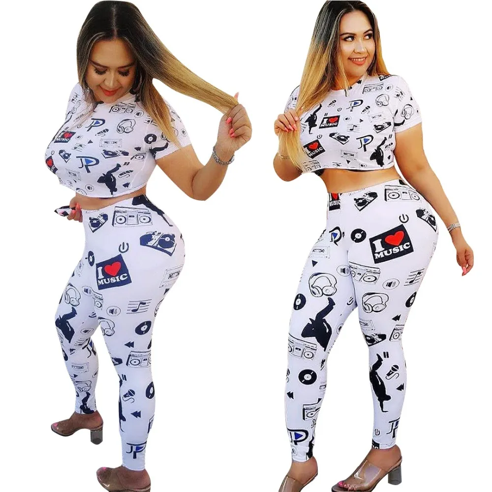 Новая мода спортивная музыка печати короткий рукав укороченный Топ Футболка +