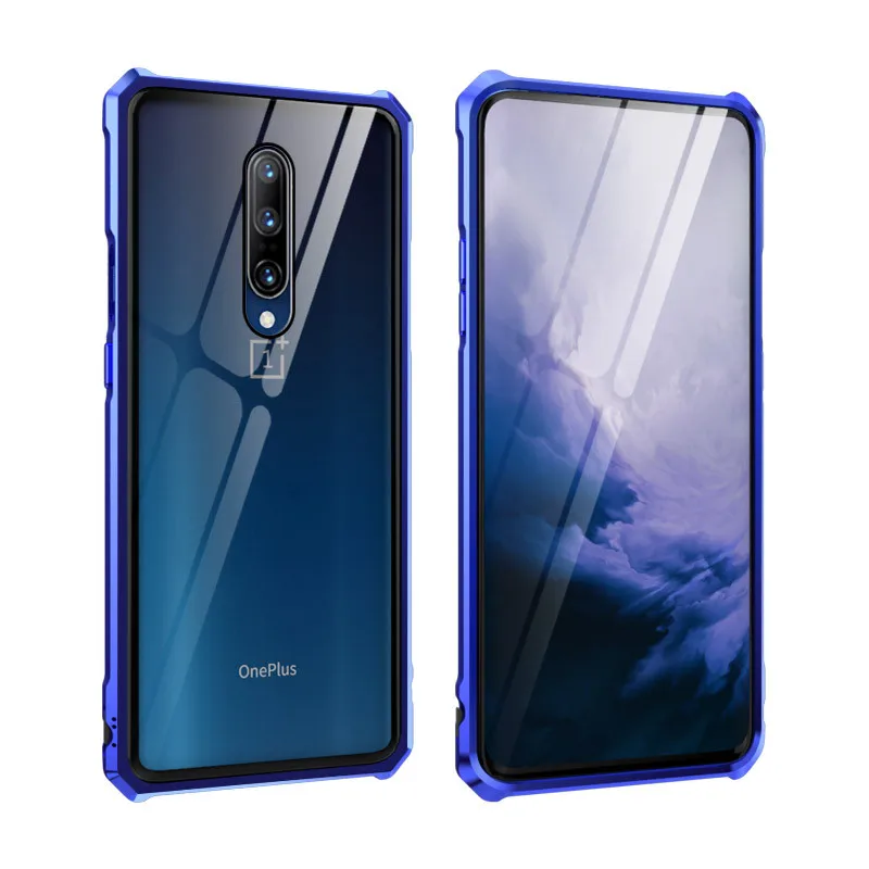 Синий Алюминиевый бампер чехол для телефона для OnePlus 7 Pro чехол s противоударный бронированный металлический каркас закаленное стекло чехол для OnePlus 7 Роскошный чехол - Цвет: Синий
