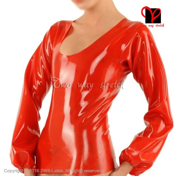 

Red Latex long sleeves round collar zipper at back Sexy rubber shirt plus size XXXL SY-069