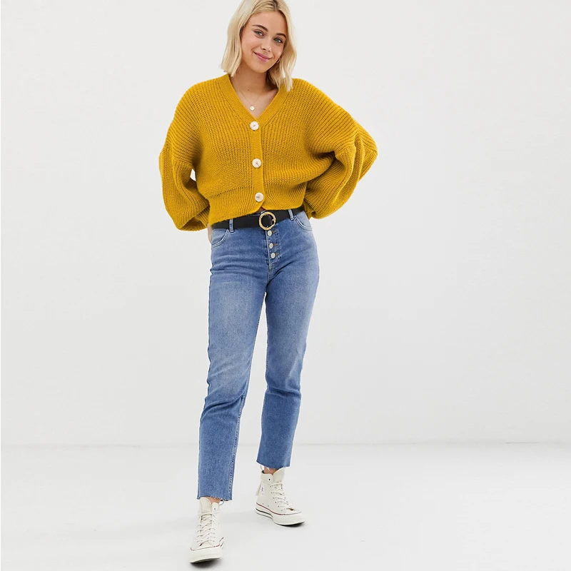 MINSUNDA Yellow Single Breasted Solid Cropped Cardigan Women V Neck Bishop Sleeve Jumper Ladies Oversize Knitted Sweater |