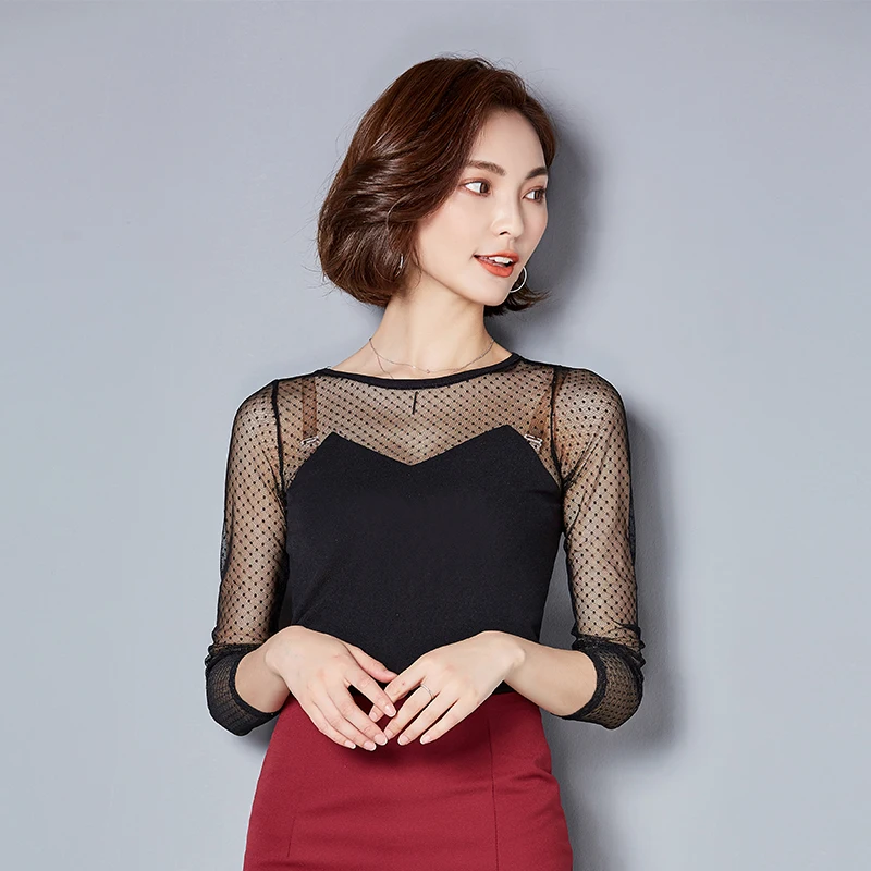 2017 New Womens Ladies Sexy Lace Hollow Design round neck long Sleeve black Blouses See Through Summer Tops Shirts Blusas 910J | Женская