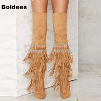 fashion slim fit winter over the knee high heel boots woman tassel thigh high pointed toe fringe boot thin high heels