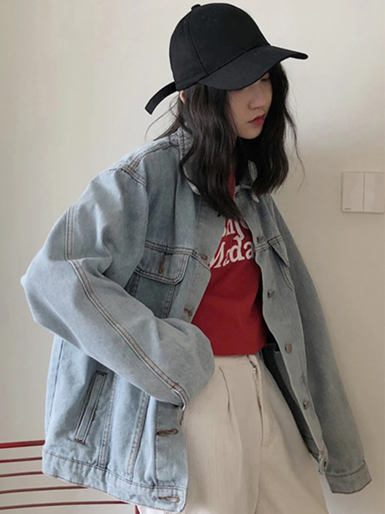 2019 Осень Harajuku стиль Свободный дикий шик с длинными рукавами джинсовая куртка
