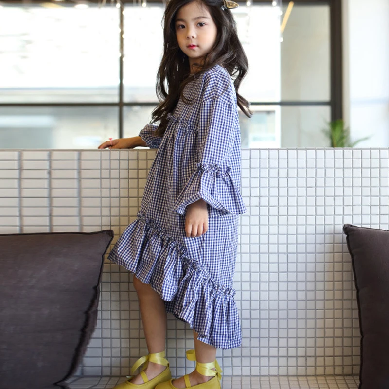 

4 to 14 Yrs kids teenager girls summer plaid ruffle asymmetrical cotton causal dress child flare sleeve dresses girls clothes