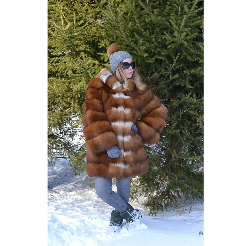 TOPFUR New Luxury Fashion Real Fox Fur Coat Women Natural Russian Gold Fox Fur With Hood Thick Warm Real Fur Jacket Women