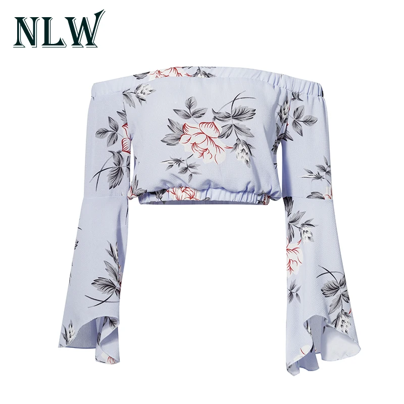 NLW Floral Chiffon Blouses Shirts Off Shoulder Flare Sleeve 2018 Women Summer Backless Short Crop Top Boho Beach Casual Wear |