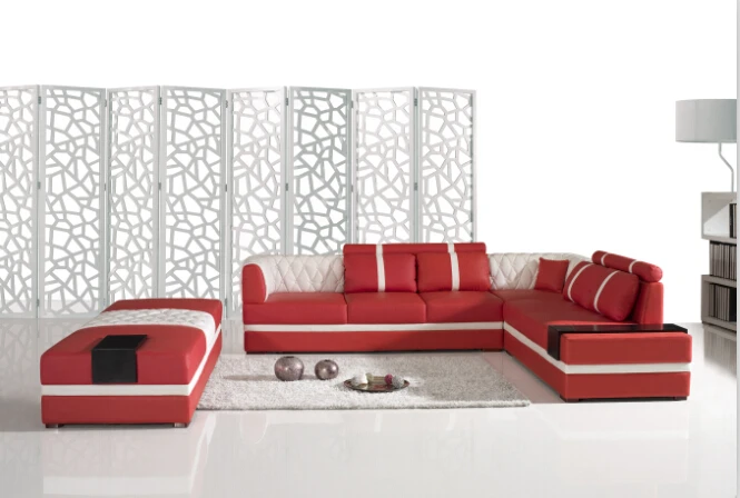 Современный угловой кожаный диван для гостиной с большим оттоманком|sectional sofa|sofas