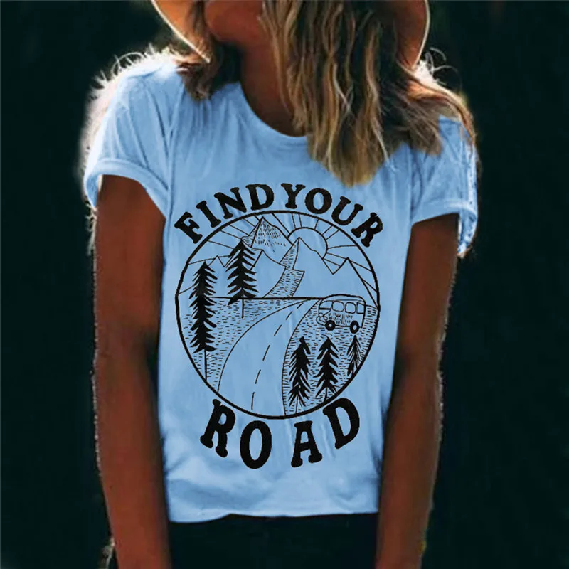 Женская футболка летняя с коротким рукавом и надписью Find Your Road круглым вырезом