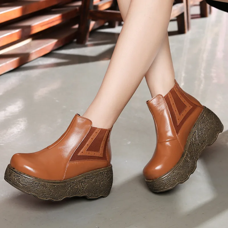 

TIMETANG Hot 2018 Spring Comfort Cow Leather Shoes Ankle Boots Retro Platform Wedges Shoes Women Boots Non-slip Comfortable