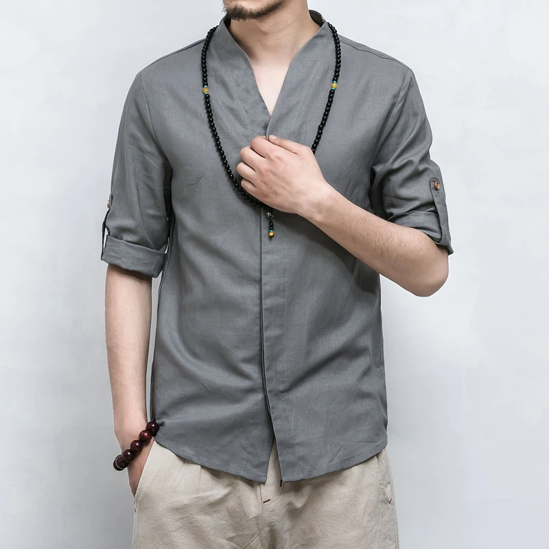 

Chinese Style Summer 2018 New Men's Grey White Navy 3/4 Sleeve Linen Blouse Shirt , Casual Slim Cardigan Blouses Shirts For Men