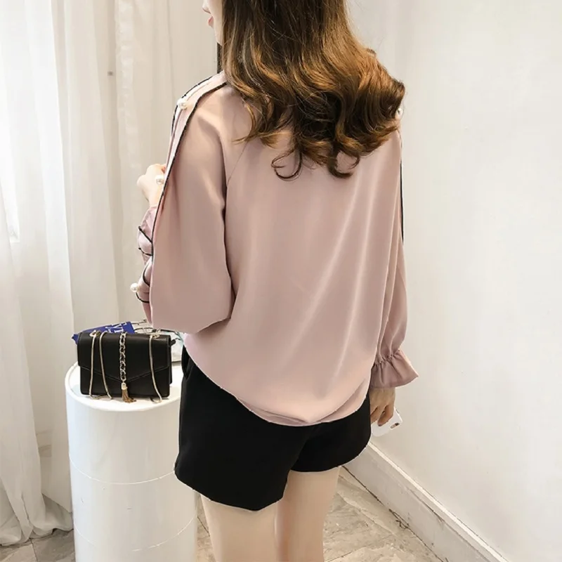 Плюс размер шифоновая рубашка женская 2018 Blusa бисерные Топы Осень с длинным