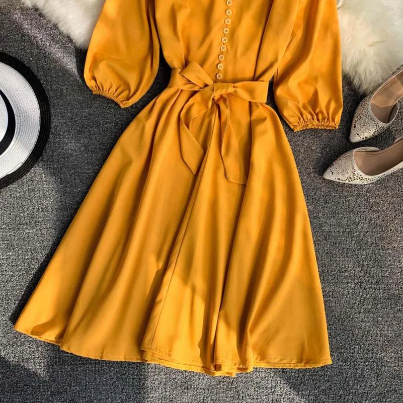 Elegant Women Summer V-neck Lantern Sleeve Bandage Strap Sashes Button Dress New Vintage A-line Slim High Waist Party Midi Dress