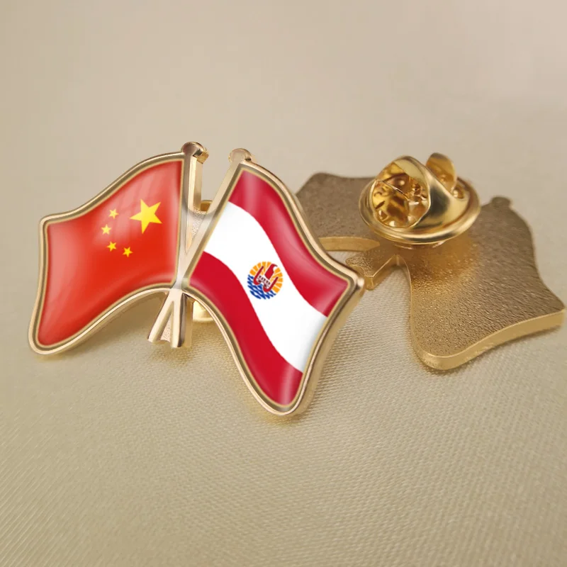 

China and French Polynesia Crossed Double Friendship Flags Lapel Pins Brooch Badges