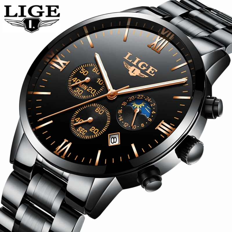 Фото LIGE часы мужские модные спортивные кварцевые Топ бренд класса люкс полностью