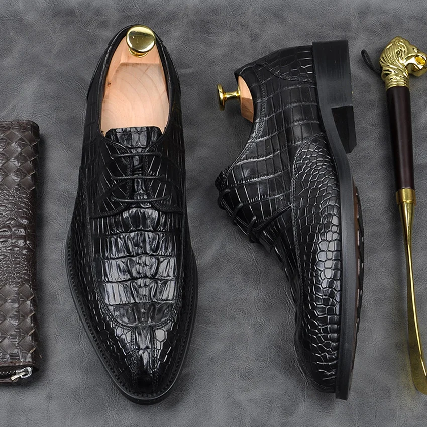 

Luxury Genuine Leather Formal Men's Derby Shoes Alligator Pattern Pointed Toe Lace Handmade Office Party Footwear For Male AM103