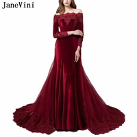 janevini vintage velvet burgundy long sleeve evening gown with detachable train appliques beaded mermaid arabic evening dresses