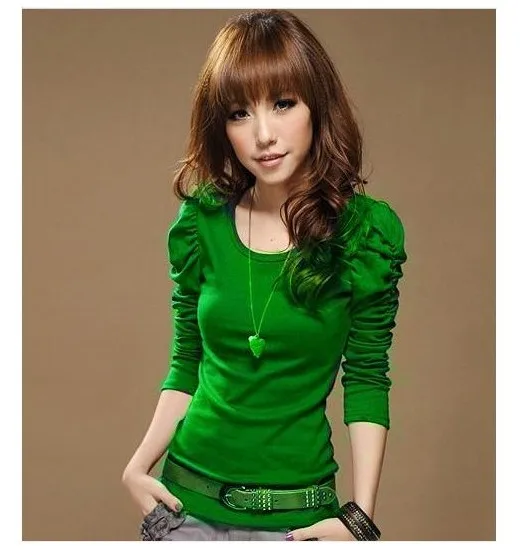 New 2014 Fashion Women's T-shirts Hot Selling Long Sleeve T Shirt Women Puff Tops Solid Print Autumn Slim Pullover 1004 | Женская