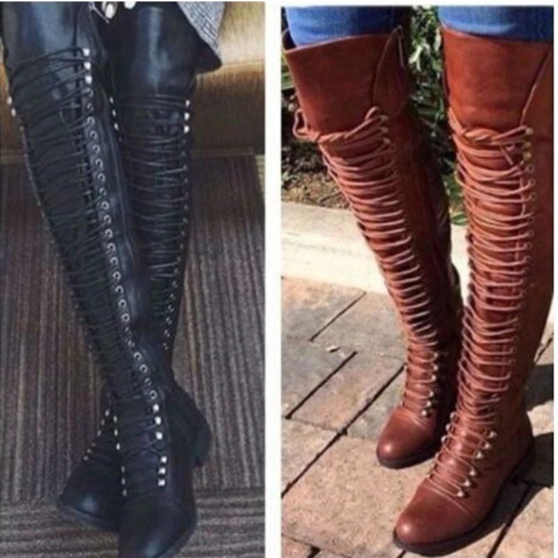 

Original Intention Popular Women Over-the-Knee Thigh High Boots Winter Flat Low Heels Cross-tied Boots Mujer Shoes Large Size 15