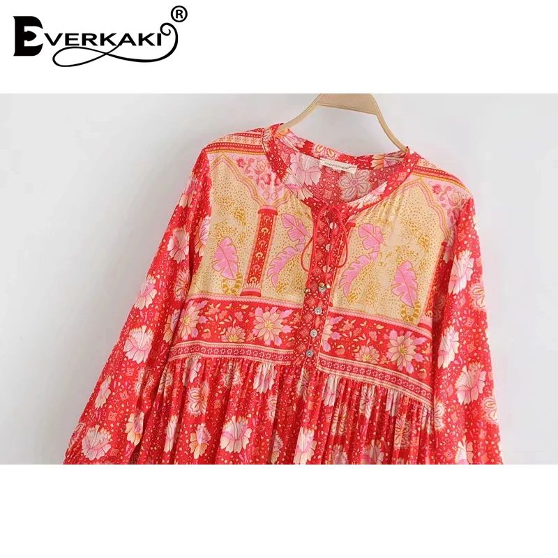 Женское платье рубашка Everkaki красное с длинным рукавом и цветочным принтом в