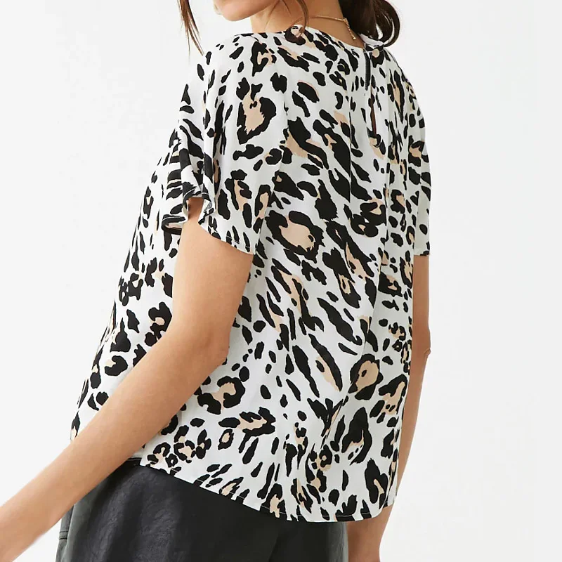 HiloRill Blouse Women 2021 Summer Short Sleeve O-Neck Blouses Vintage Leopard Print Office Ladies Tops Shirts Camisas Mujer | Женская