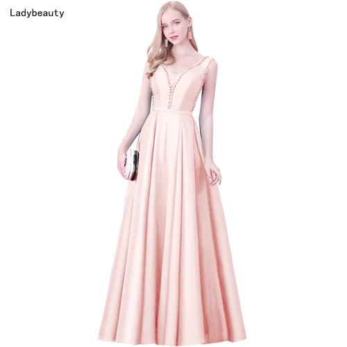 Шампанское Ladybeauty/Новинка, длинное вечернее платье трапециевидной формы с v-образным вырезом, бисером и открытой спиной, элегантные вечерние платья, быстрая - Цвет: Шампанское