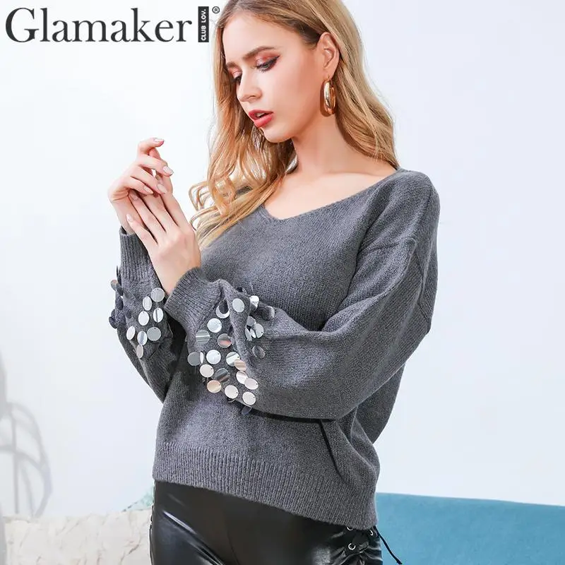 Glamaker вязаный свитер с длинными рукавами серого цвета блестками женский