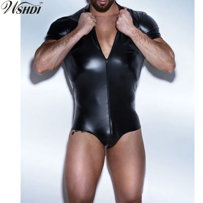 S XXL на молнии латекс Wetlook костюм Готический искусственная кожа боди мужской