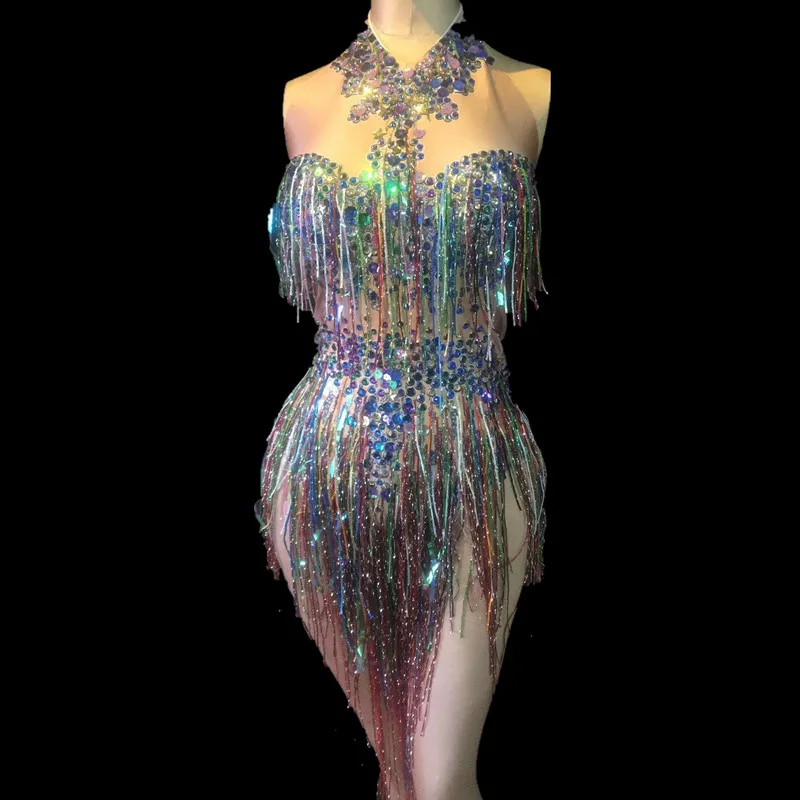 Christia Bella Bling Bling Rhinestone Bodysuit Women Stage Costumes Nightclub Tassel Jumpsuit Sexy Singer Outfits Performance