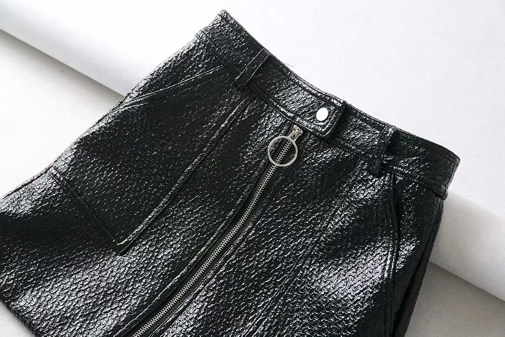 Высокая Талия Тонкий PU черные юбки Для женщин high Street Искусственная кожа кольцо Молния Fly Мини-юбки девочек Jupe Femme блестками Faldas