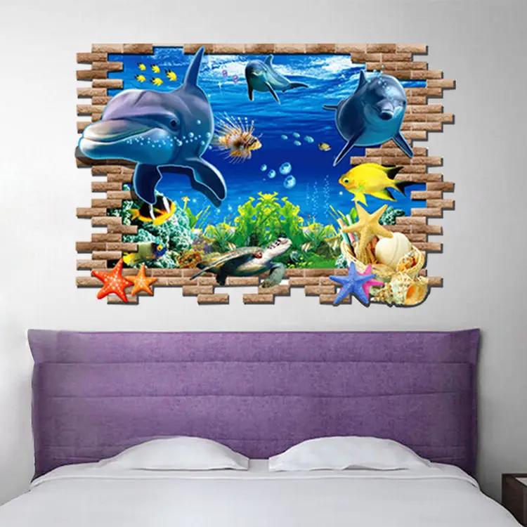 Подводный рыбы Дельфин 3d яркие окна наклейки стены DIY наклейки Ванная комната Гостиная Спальня украшения дома плакат