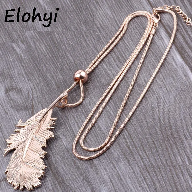 

ELOYHI Simple Leaves Rhinestone Long Snake Chain Pendants Sweater Chain Top Quality For Women Trendy Neckalce&Pendants Gift