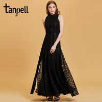 tanpell sequins long evening dress sexy black sleeveless floor length a line gown women scoop neck empire formal evening dresses