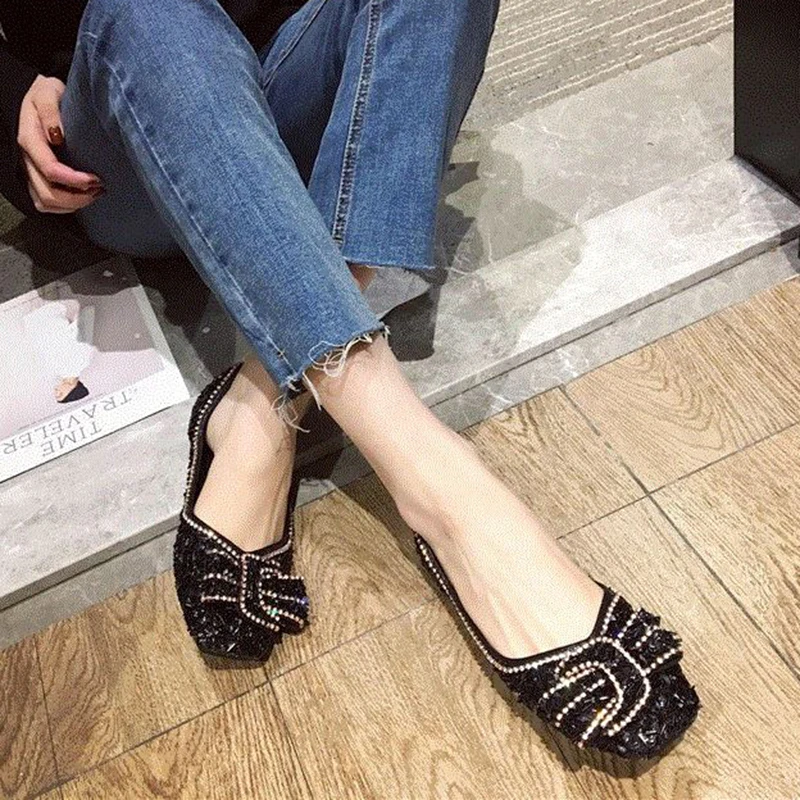 2019 с бантом украшением в виде кристаллов Стразы низкие Туфли без каблуков