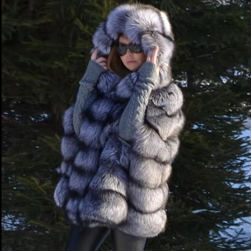 Толстые меховые куртки природа Silver Fox шубы для Для женщин теплые лисицы шаль накидка с капюшоном с натуральным мехом пальто покрыта зимние топы