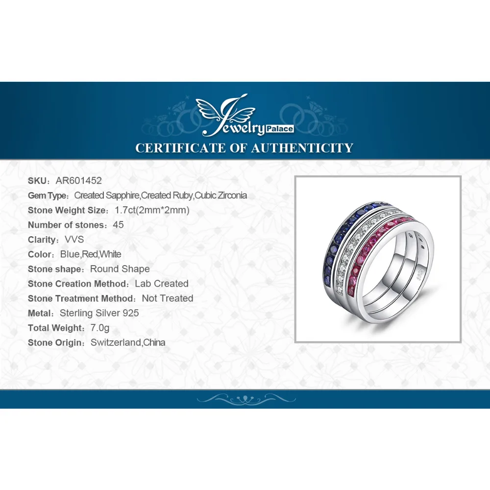 Jewelrypalace три стека 1.8ct круглый создан Рубин Сапфир Свадебный коктейль группа