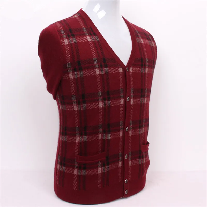pure goat cashmere thick knit men plaid cardigan sweater Vneck grey 2color S/3XL