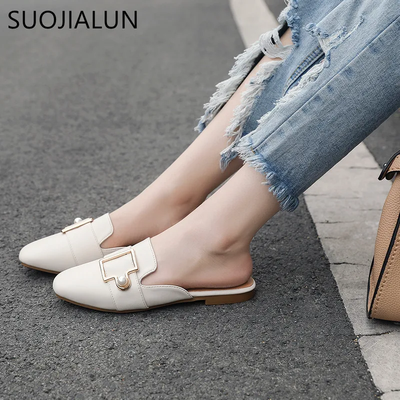 

SUOJIALUN Big Size 35-41 Summer Ladies Casual Flat Slippers Women Round Toe Mules Shoes Outside Slides Women Slip On Sandals