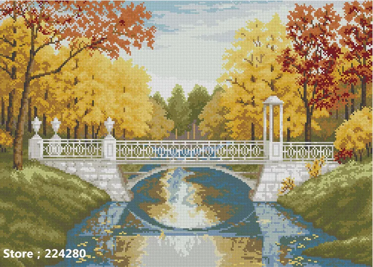

Needlework,embroidery,DIY 14CT Unprinted Cross stitch kits,Autumn scenery forest Bridge River counted Cross-Stitching decor