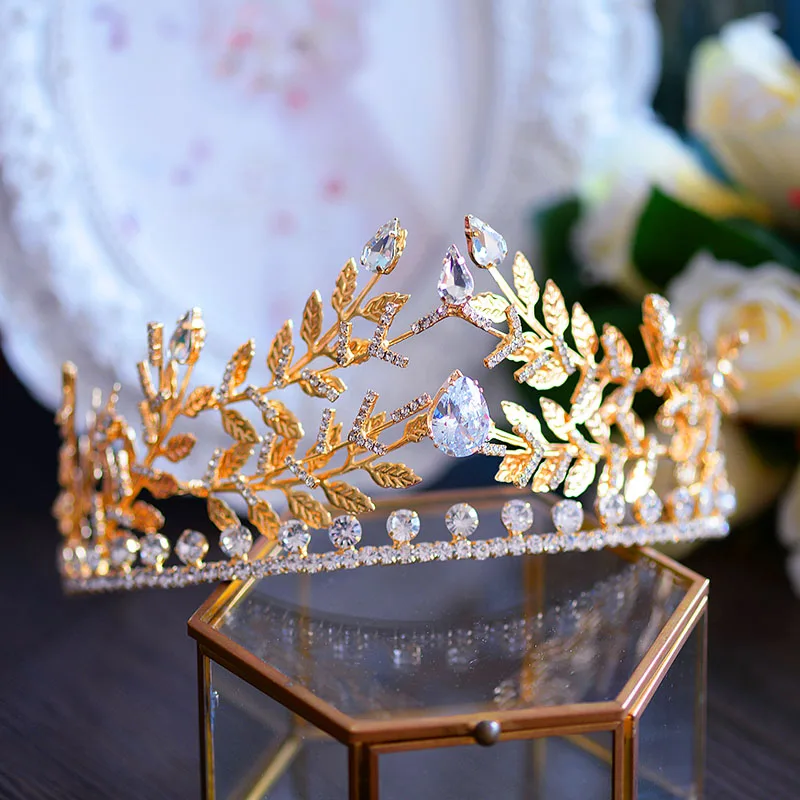 Himstory Luxurious Gold Wedding Crown Tiaras Cubic Zirconia Girls Olive Branch Headband Bridal Hairwear Accessories | Украшения и