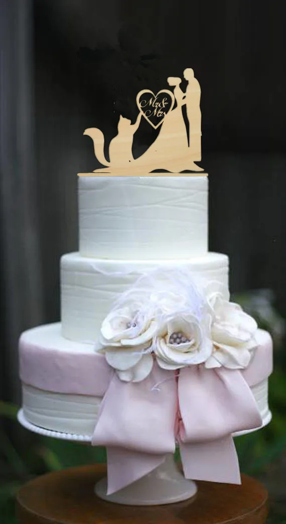Mr and Mrs Cake Topper Wood Love Wedding Funny Bride Groom with a Cat | Дом и сад