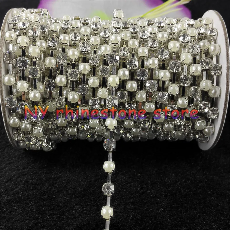 DIY 1 ярд отделка стразами SS18 (4 3 мм) белый жемчуг + хрусталь горный серебро цепи шить